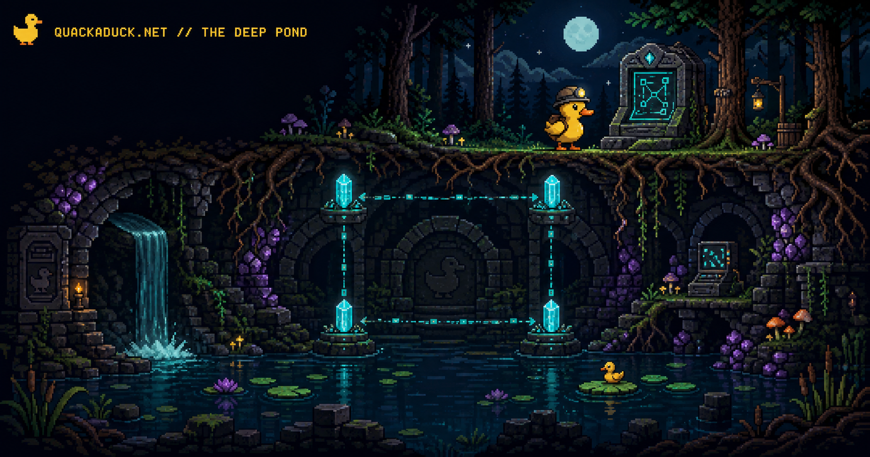 Moonlit forest above a detailed underground duck networking chamber